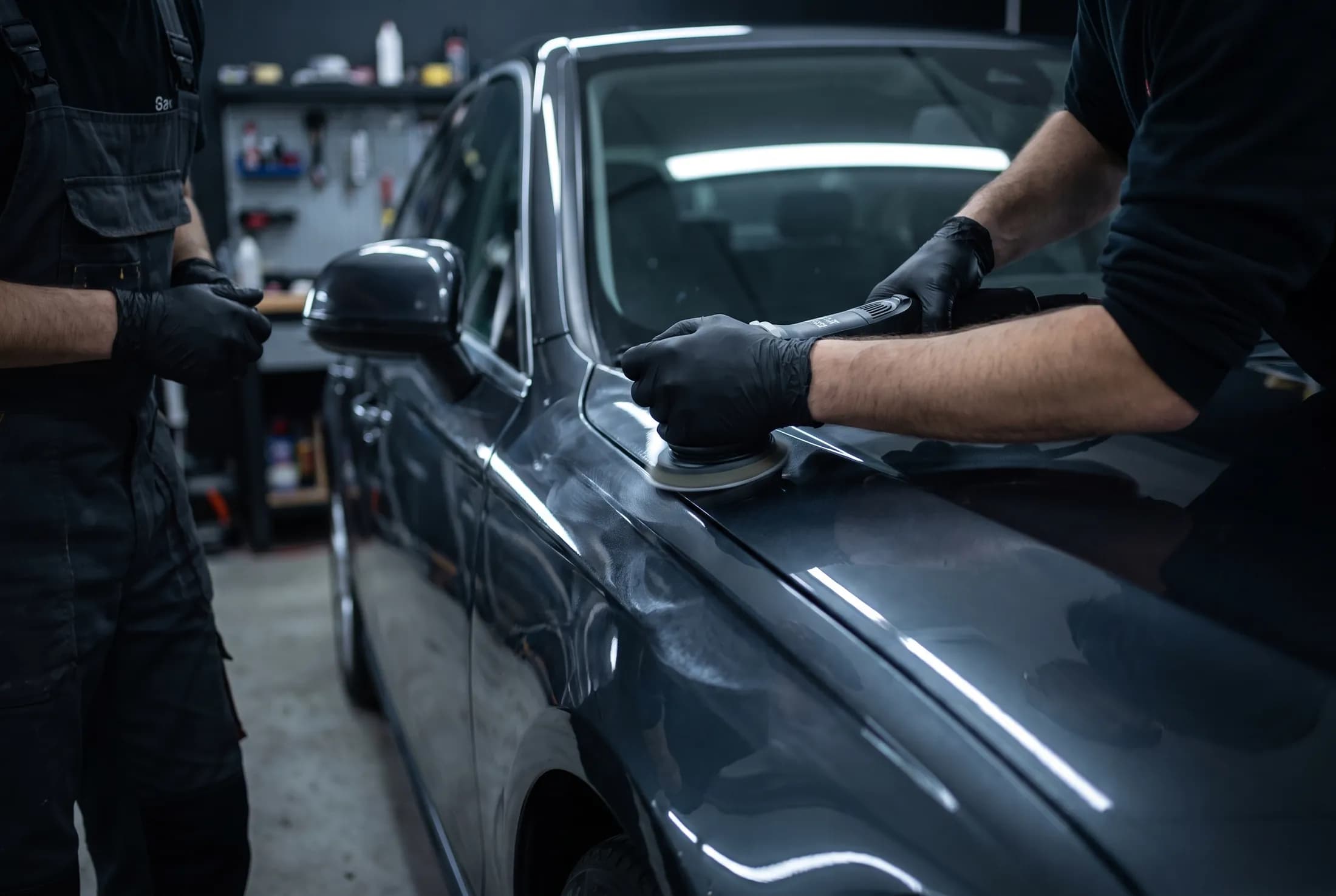 Ein Techniker poliert mit einer Exzenter-Poliermaschine die Seite eines dunkelgrauen Fahrzeugs