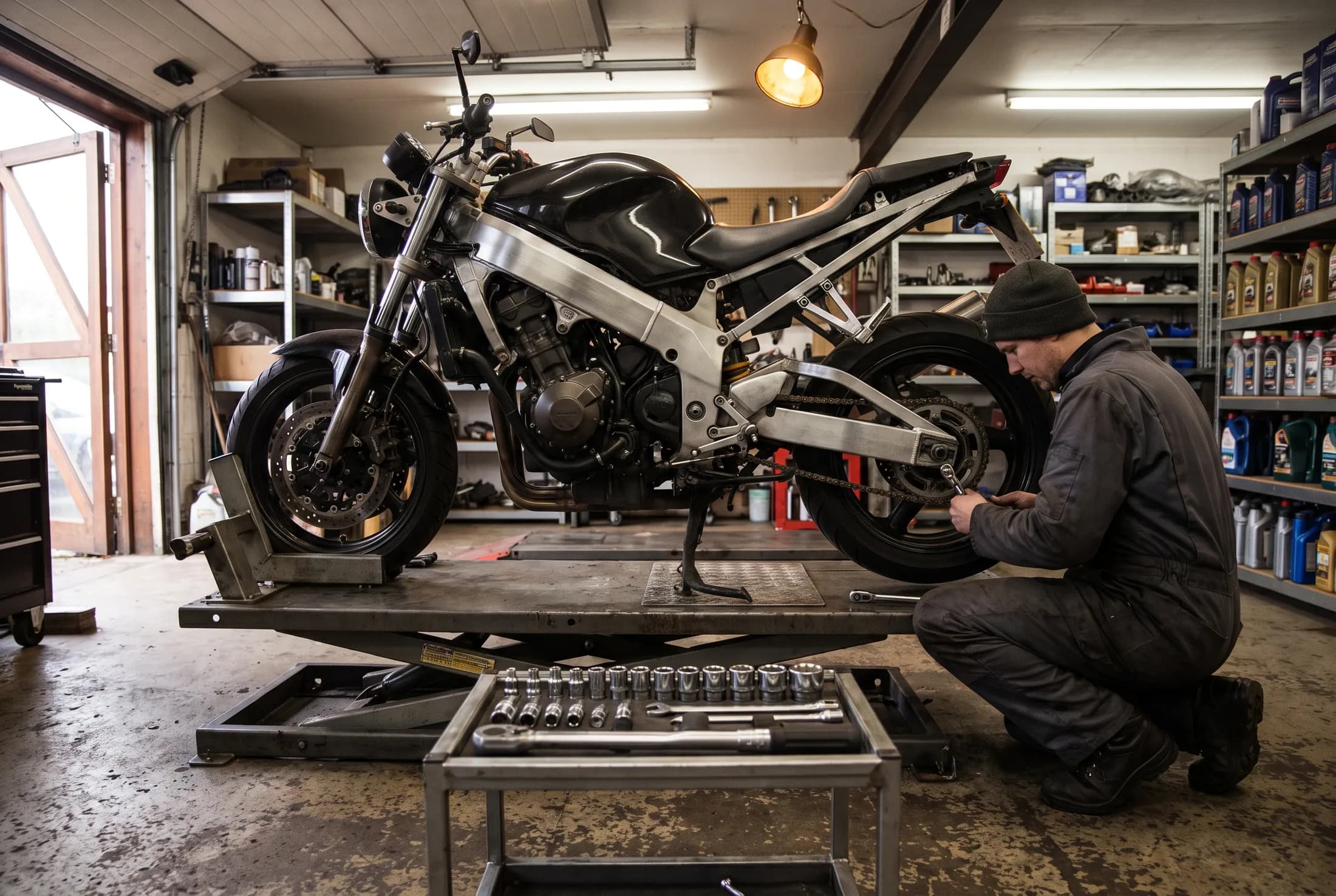 Motorrad auf einer Hebebühne, ein Mechaniker arbeitet mit einer Ratsche am Hinterrad