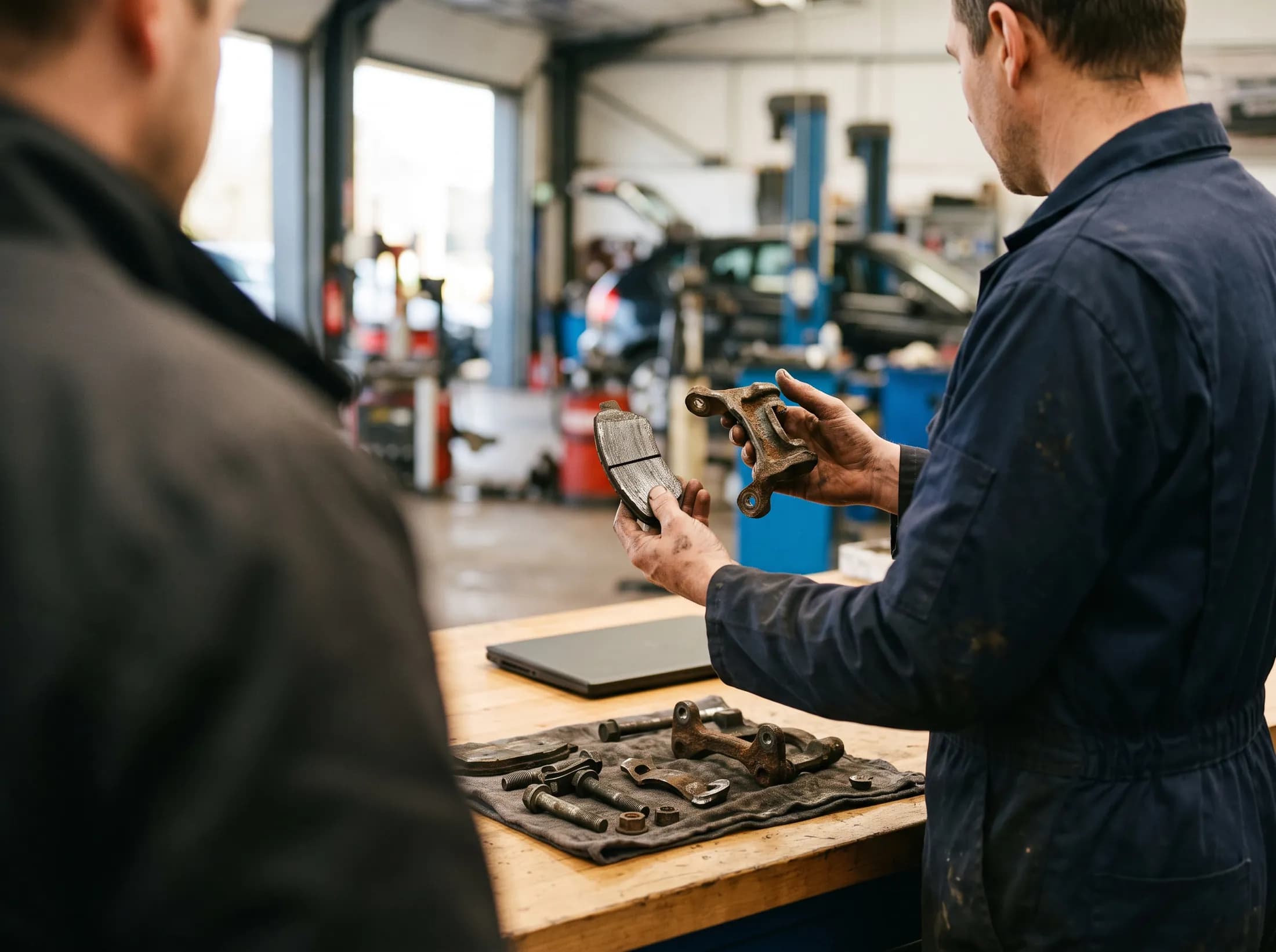Ein Mechaniker zeigt einem Kunden einen ausgebauten Bremsbelag und ein verschlissenes Fahrwerksteil auf der Werkbank
