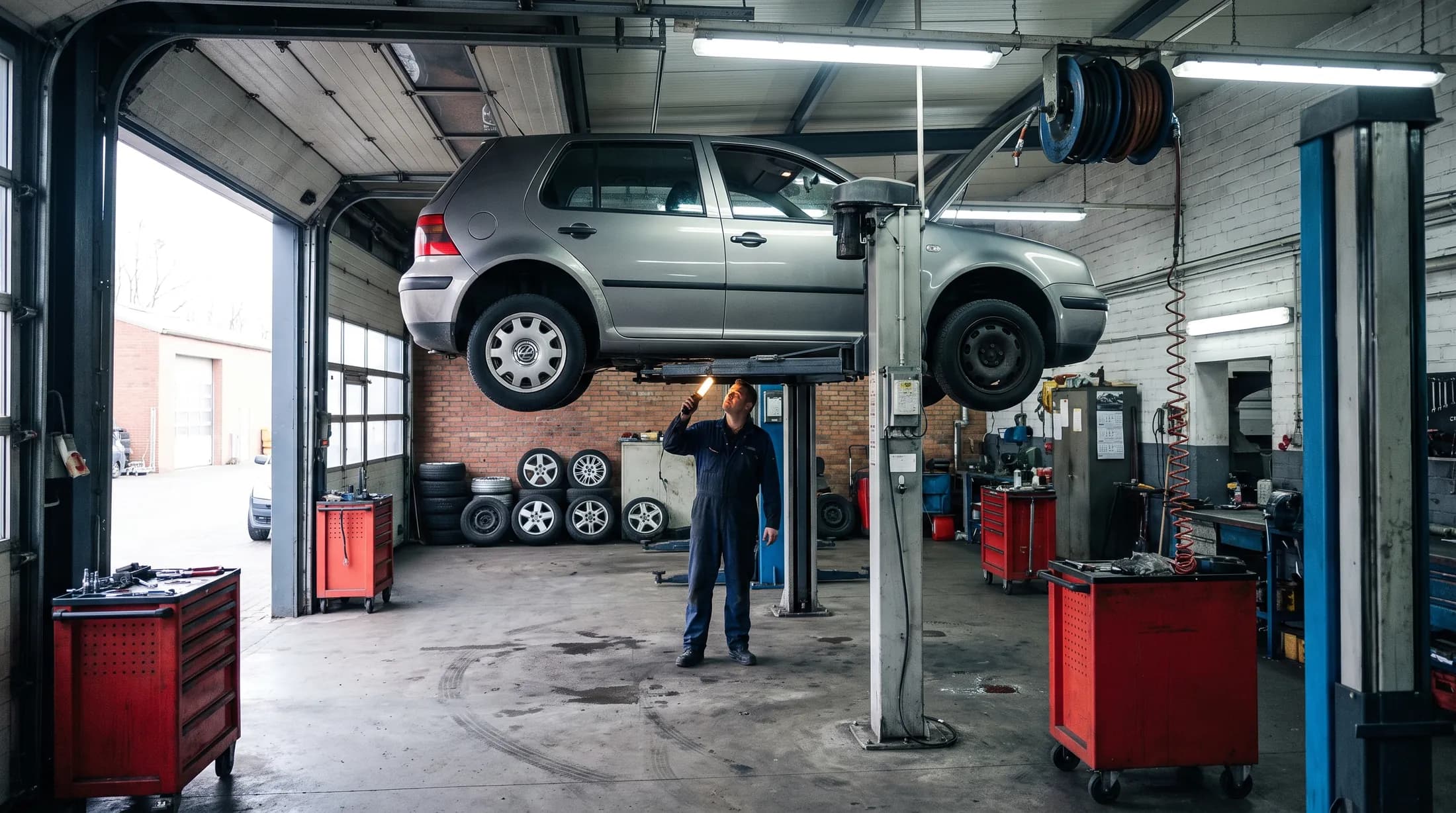 Kompaktwagen auf einer Zwei-Säulen-Hebebühne in einer Kfz-Werkstatt, ein Mechaniker prüft den Unterboden mit einer Handleuchte
